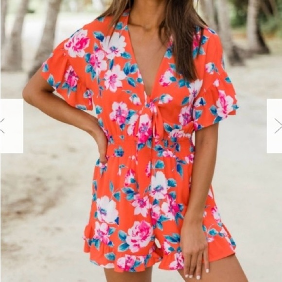 Pink Lily Romantic Blooms Orange Floral Romper Tie Front Tropical Romper Small - Picture 2 of 6